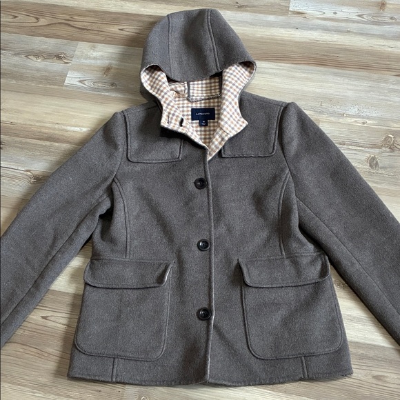 Lands’ End Wool hooded Coat Taupe Plaid interior Button up Women’s 10 Warm Cozy - Picture 6 of 11